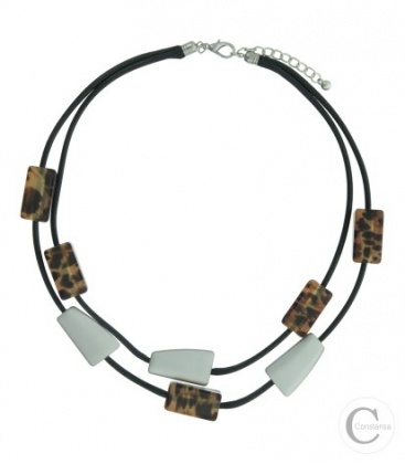 Korte koord halsketting van 2 rijen en bruine ( tijgerprint) en zilverkleurige elementen 
