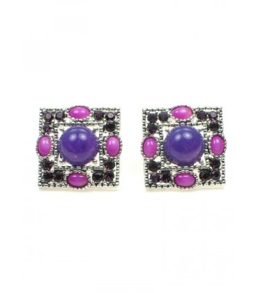 Vierkante oorclips met paarse stras en roze kralen