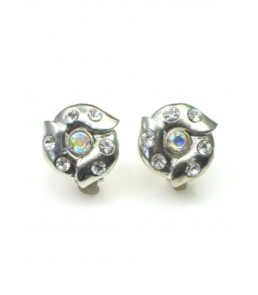 Ronde metalen oorclips met heldere iriserende strass