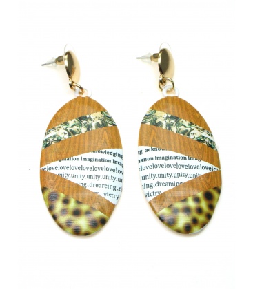 Langwerpige ovale bruine oorbellen met tekst print