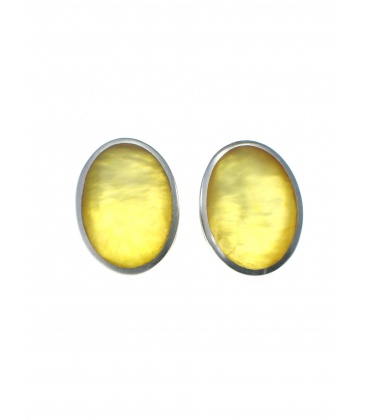 Oorclips met gele ovale steen in zilverkleurige rand