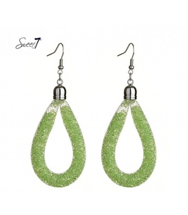 Oorhangers met ovale hanger van mesh met daarin kleine lichtgroene glitter steentjes