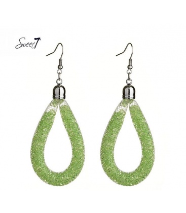 Oorhangers met ovale hanger van mesh met daarin kleine lichtgroene glitter steentjes