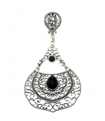 Zilverkleurige oorclips met filigrain hanger en zwarte strass steen