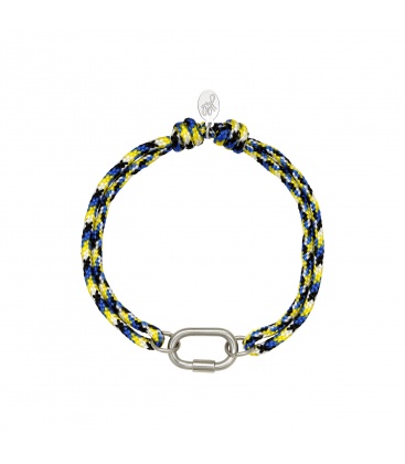 Blauwe en gele armband met zilverkleurig detail