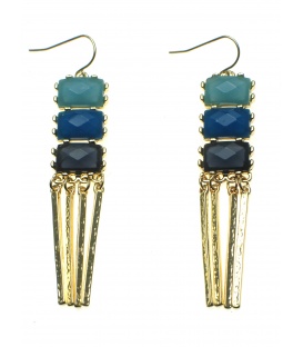 Blauwe oorbellen met goudkleurige metalen staafjes