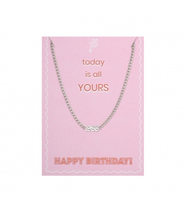 Zilverkleurige halsketting met geboortejaar 1988 en verjaardagskaart