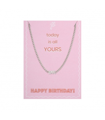 Zilverkleurige halsketting met geboortejaar 1991 en verjaardagskaart