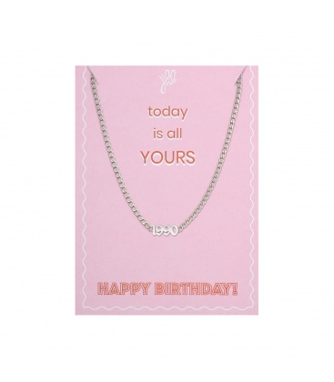 Zilverkleurige halsketting met geboortejaar 1990 en verjaardagskaart