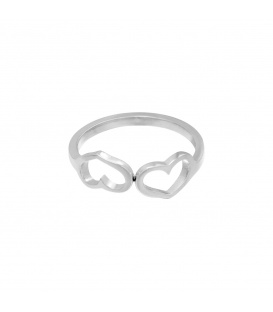 Zilverkleurige ring met twee verbonden hartjes (16)