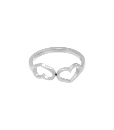 Zilverkleurige ring met twee verbonden hartjes (16)