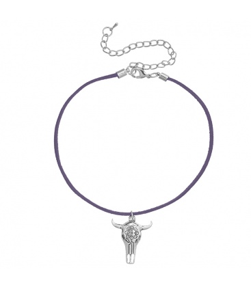 Lederen grijze koordhalsketting (choker) met buffelhoofd hanger