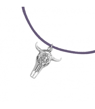 Lederen grijze koordhalsketting (choker) met buffelhoofd hanger