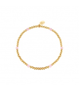 Elastische armband met goudkleurige kralen en zes roze kralen