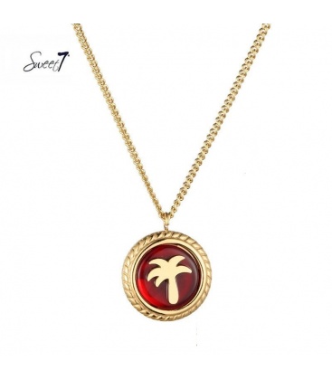 Goudkleurige ketting met ronde rode bedel met palmboom