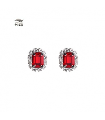 Zilverkleurige oorbellen met rode schitterende steen