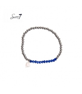 Elastische armband met zilverkleurige en blauwe kralen