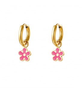 Goudkleurige oorbellen met een roze bloembedeltje