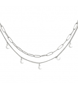 Zilverkleurige dubbele halsketting met maanvormige hangertjes
