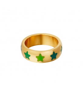 Goudkleurige ring met meerdere groene sterretjes (16)