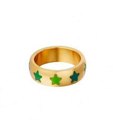 Goudkleurige ring met meerdere groene sterretjes (17)