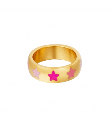 Goudkleurige ring met meerdere roze sterretjes (16)