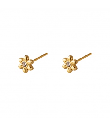 Goudkleurige oorbellen met een klein bloemetje en zirkoonsteentje
