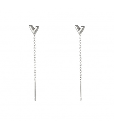 Zilverkleurige hangende ketting oorbellen met een pijlbedel