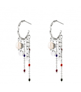 Zilverkleurige oorhangers met bungelende cirkels, parels en kleurtjes