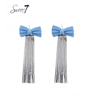 Blauwe strik oorbellen met zilverkleurige strengen