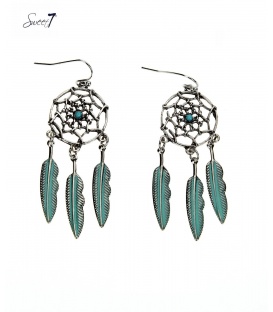 Zilverkleurige dromenvanger oorhangers met 3 turquoise veertjes
