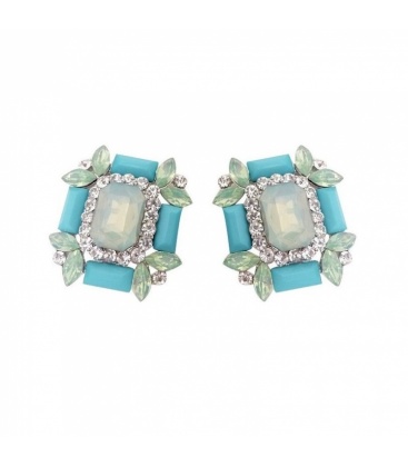 Vierkante blauwe oorclips met facet stenen en heldere strass