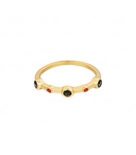 Goudkleurige ring met kleine groene en rode zirkoonsteentjes (15)