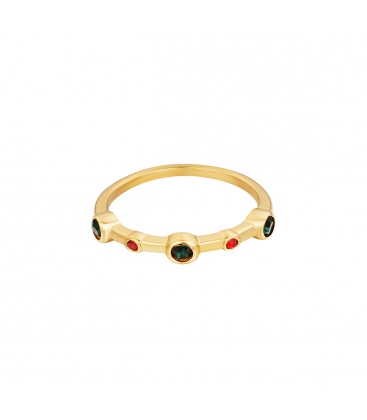 Goudkleurige ring met kleine groene en rode zirkoonsteentjes (15)