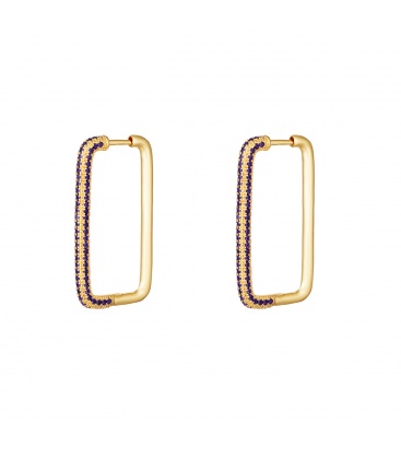 Rechthoekige goudkleurige oorbellen met paarse zirkoonstenen