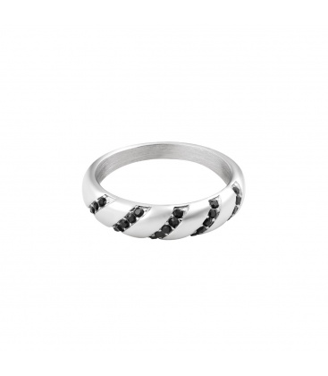 Zilverkleurige smalle croissant ring met zwarte zirkoonstenen (16)