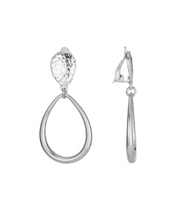 Zilverkleurige oorclips met een gladde ovale hanger en een bewerkt oorstukje