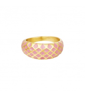 Goudkleurige brede ring met roze ruitjes patroon (16)