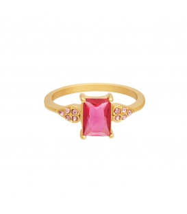 Goudkleurige ring met een roze vierkante steen en kleine zirkoonsteentjes (18)