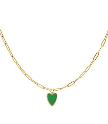 Goudkleurige schakelketting met grote groene hart hanger