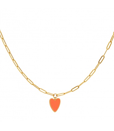 Goudkleurige schakelketting met grote oranje hart hanger