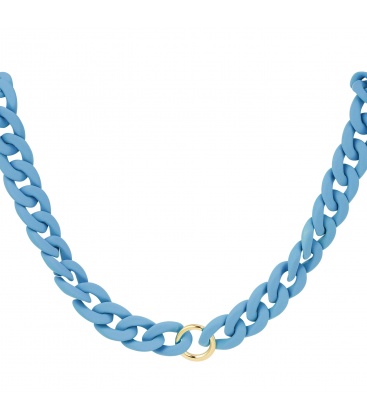 Blauwe schakel halsketting met goudkleurige ringetje in het midden