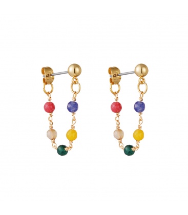 Goudkleurige oorbellen met ketting en kleurrijke steentjes