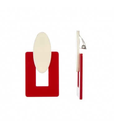 Rode rechthoekige oorclips met een wit ovaal oorstukje