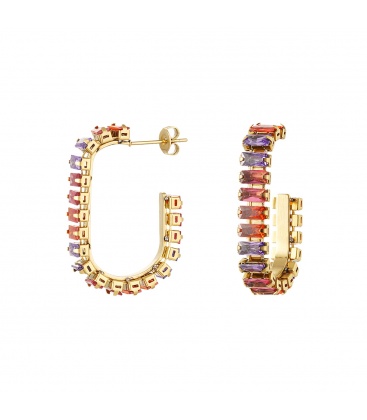 Prachtige goudkleurige oorhangers met paarse en rode zirkonia steentjes