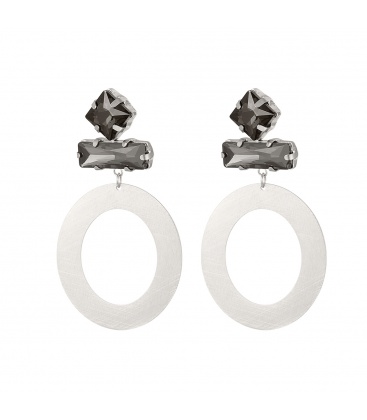 Zilverkleurige ronde oorhangers met 2 grijze glas steentjes