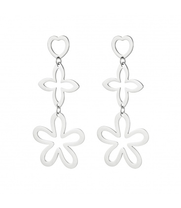 Zilverkleurige oorhangers met drie bedels in de vorm van een hart en bloemen