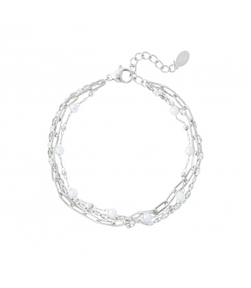 Zilverkleurige schakel armband met 3 lagen en glas kralen