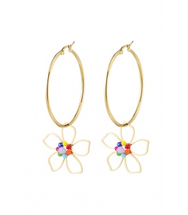 Goudkleurige oorhangers met bloemen bedel en gekleurde glas kralen - Yehwang
