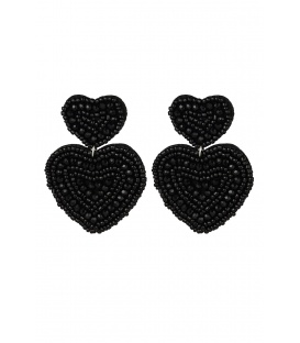 Oorbellen twee grote harten met kralen zwart 
